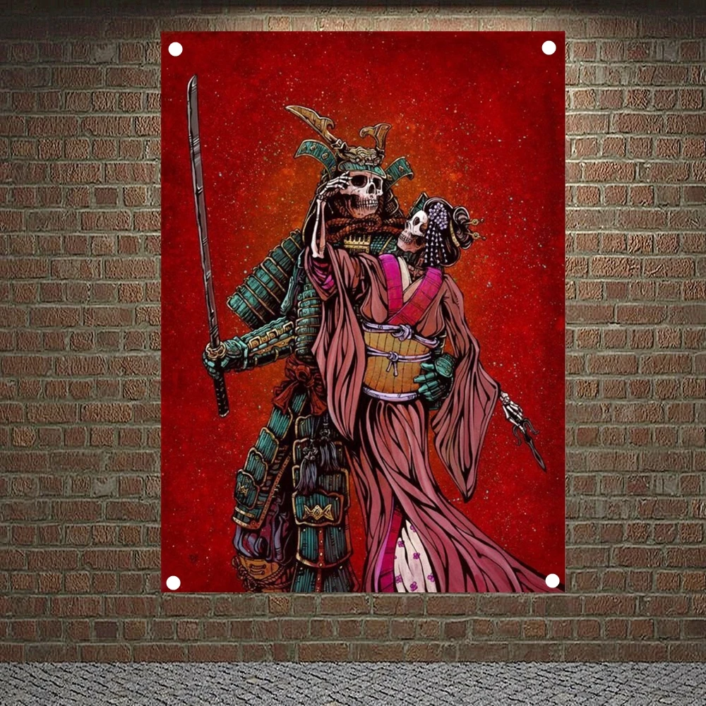 Skeleton Samurai Death Art Banner Canvas Painting Chicano Tattoo Art Posters Wall Hanging Flag Wall Sticker Home Decor Tapestry