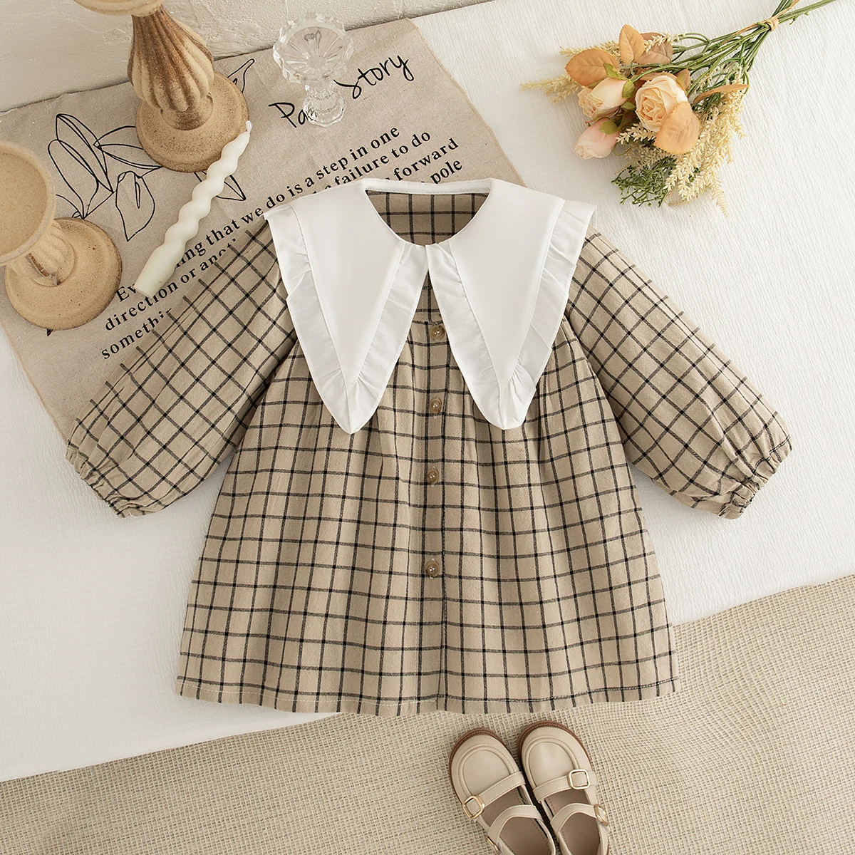 Girls' Dress Spring And Autumn Checkered Cotton Long-Sleeved Baby Girl Dress Cute Collared Princess Baby Dress Baby Girl Clothes