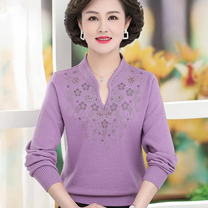 Women Cashmere Sweater 2022 Autumn New Middle-aged Mother Knitted Jumper Female Cheongsam Collar Pullovers Elegant Bottom Shirts