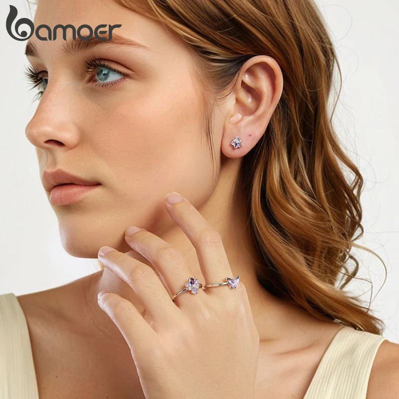 Bamoer 925 Sterling Silver Original Iris Flower Open Ring Butterfly Earrings Purple Romantic For Women Party Fine Jewelry Set