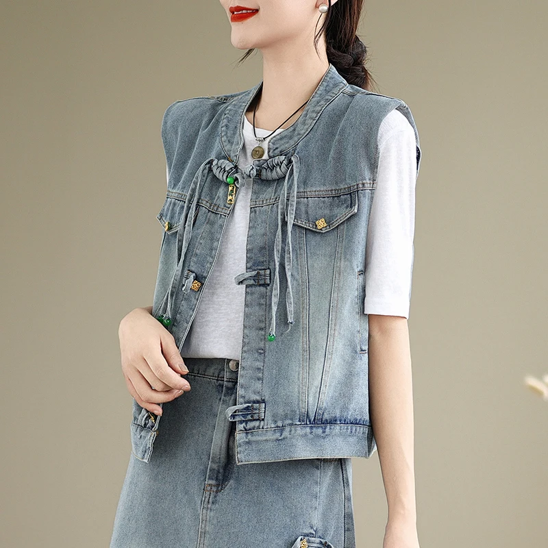New Chinese Sle Cotton Denim Vest And Skirt Set Women's Casual Hat Included Two-Piece Suit Light Colored Button Detail