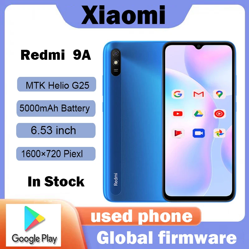 Global firmware Xiaomi Redmi 9A Smartphone 64GB/128GB 5000mAh 6.53 inch MTK Helio G25 Octa Core 13MP Smart phone Used phone