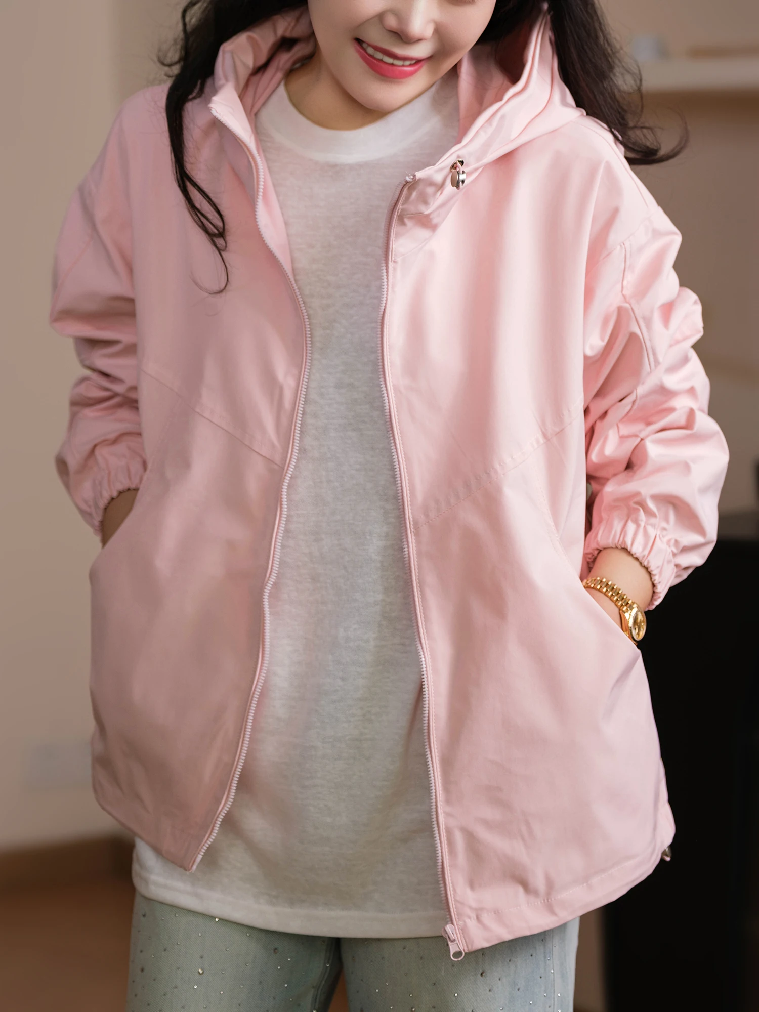 Smooth Zipped Hooded Jacket Anti-Dust Easy to Maintain Colorfast Nylon Women's Casual Loose Fit Long Sleeve Pure Color Coat