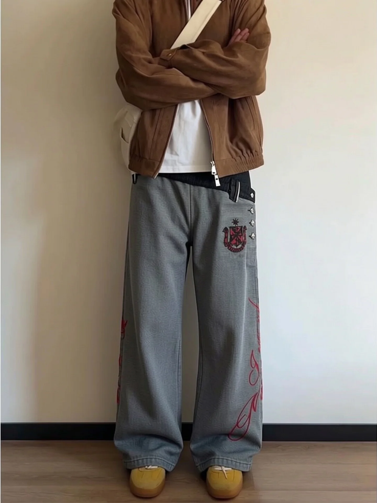 Y2K Men's Loose Wide Leg Denim Jeans High Street Dark Color Block Double Waist Head Casual Long Pants American Style Streetwear