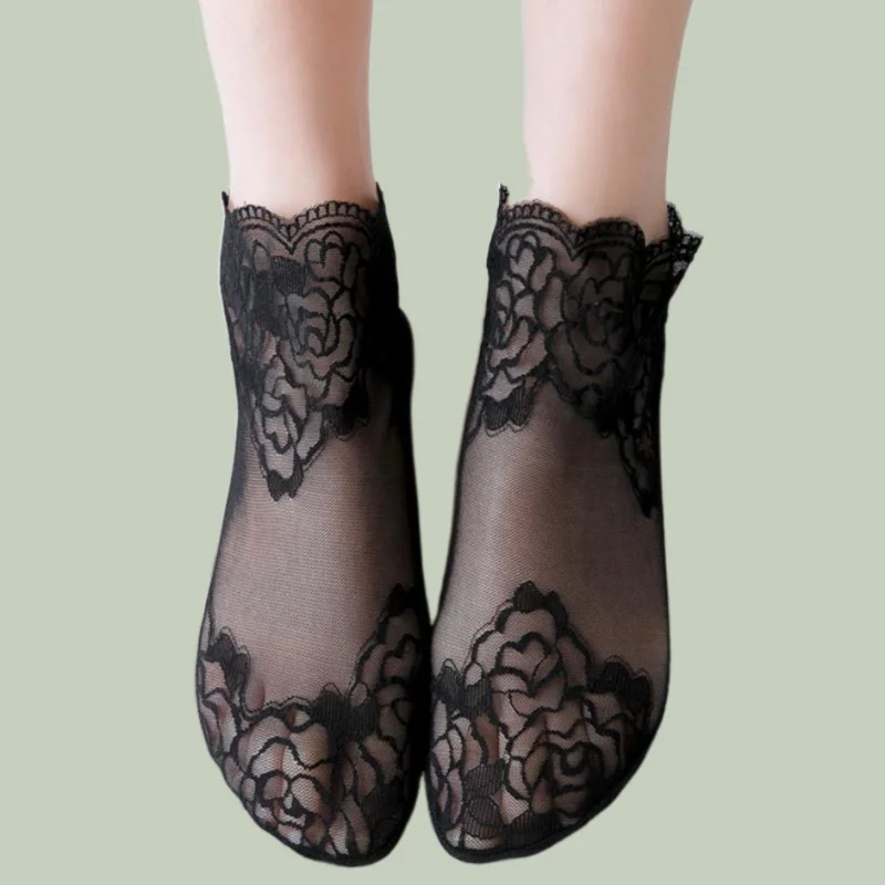 2/5 Pairs New Lace Short Socks Thin Mid-tube Stockings Spring And Summer Sweat-absorbent Non-slip Invisible Ladies Boat Socks