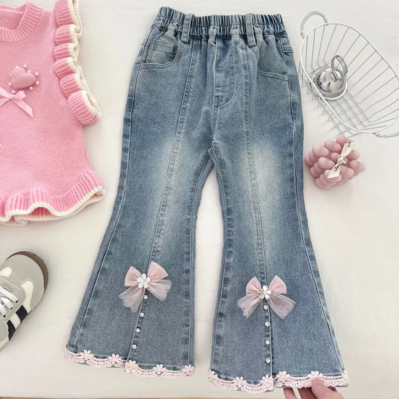 

2025Girls' Autumn New Knitted Set High-End Pink Heart Vest Shirt Jeans Three-Piece Set Trendy