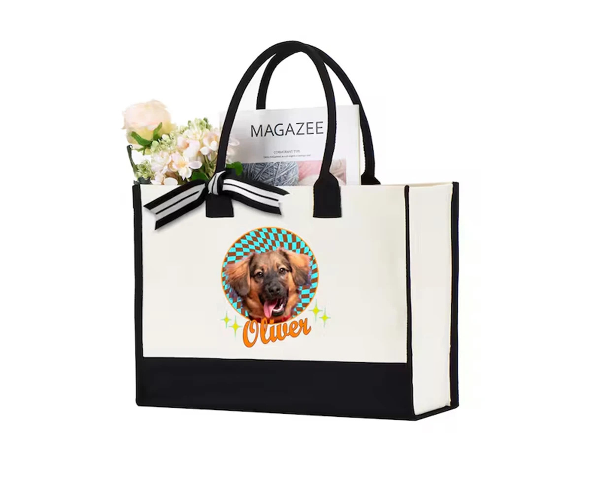 

Custom Pet Portrait Tote Bag Two Tone Black Bottom Double Side Canvas Personalized Name For Dog Mom Large Capacity Reusable