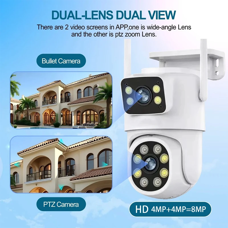 8MP PTZ Wifi Camera with Dual Lens Dual Screens AI Human Detection Wireless Outdoor Security IP Camera