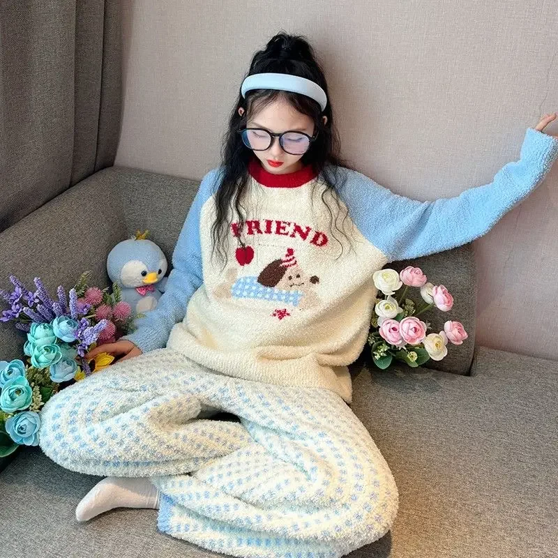 Girls' Flannel Pajamas Coral Velvet Thermal Sleepwear Set for 6-12 Years Girls Long Sleeve Warmth Design with Cartoon Print