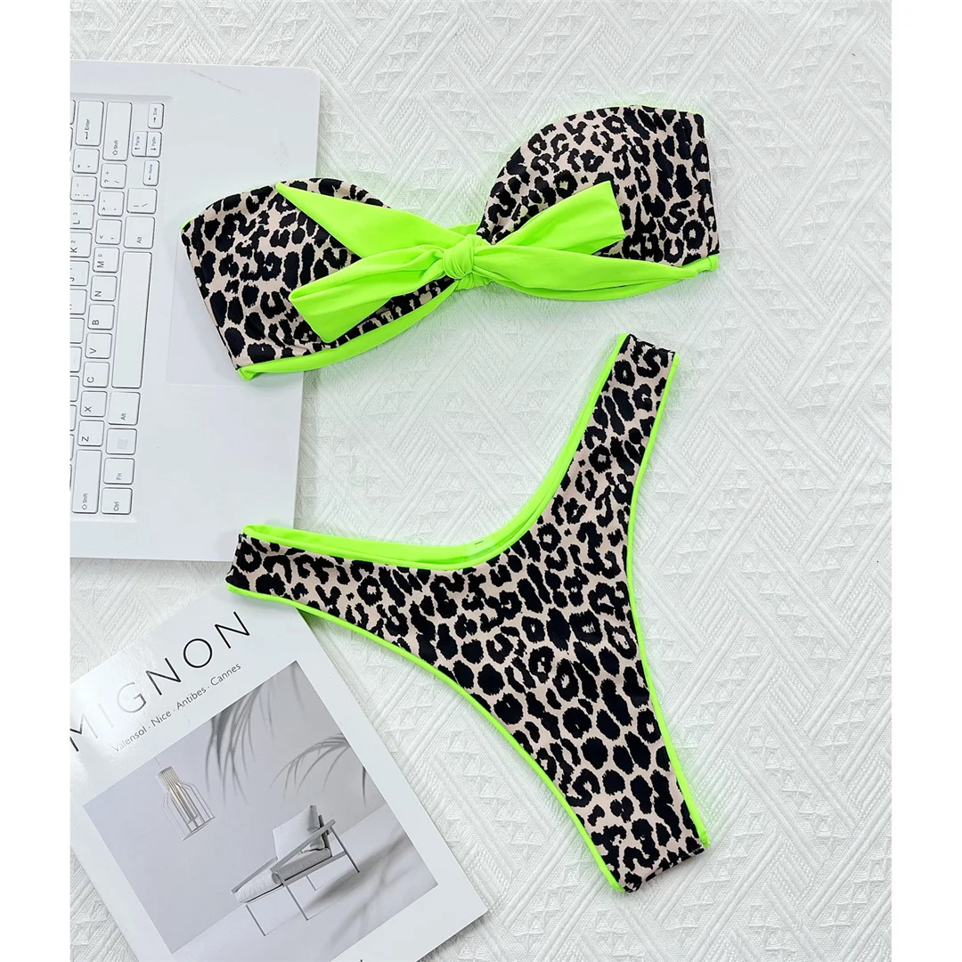 Sexy Bandeau-Bikini mit Knoten und Leopardenmuster, Damen-Badeanzug, zweiteiliges Bikini-Set, Badebekleidung, Badeanzug, Modell V4179 – Detail 9