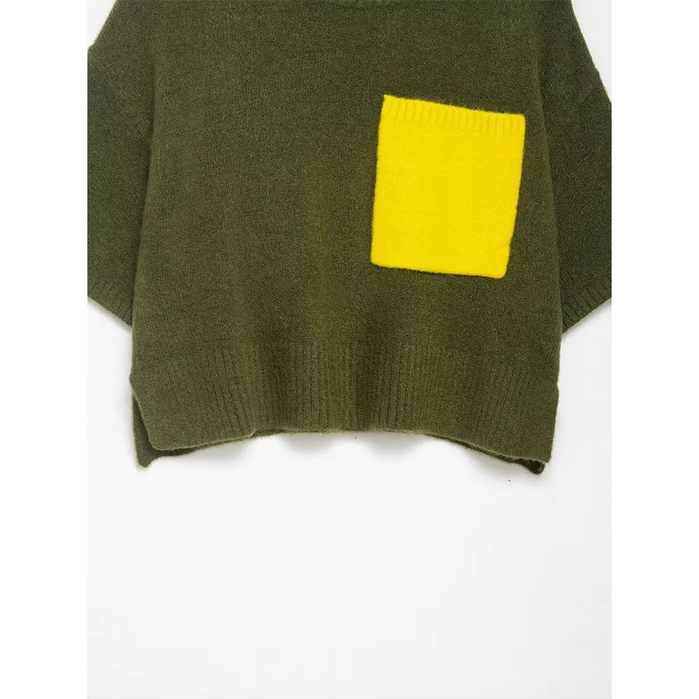 DUOPERI Maglione pullover lavorato a maglia verde da donna Moda con tasche O-Collo Maniche corte Donna Elegante Chic Lady Top