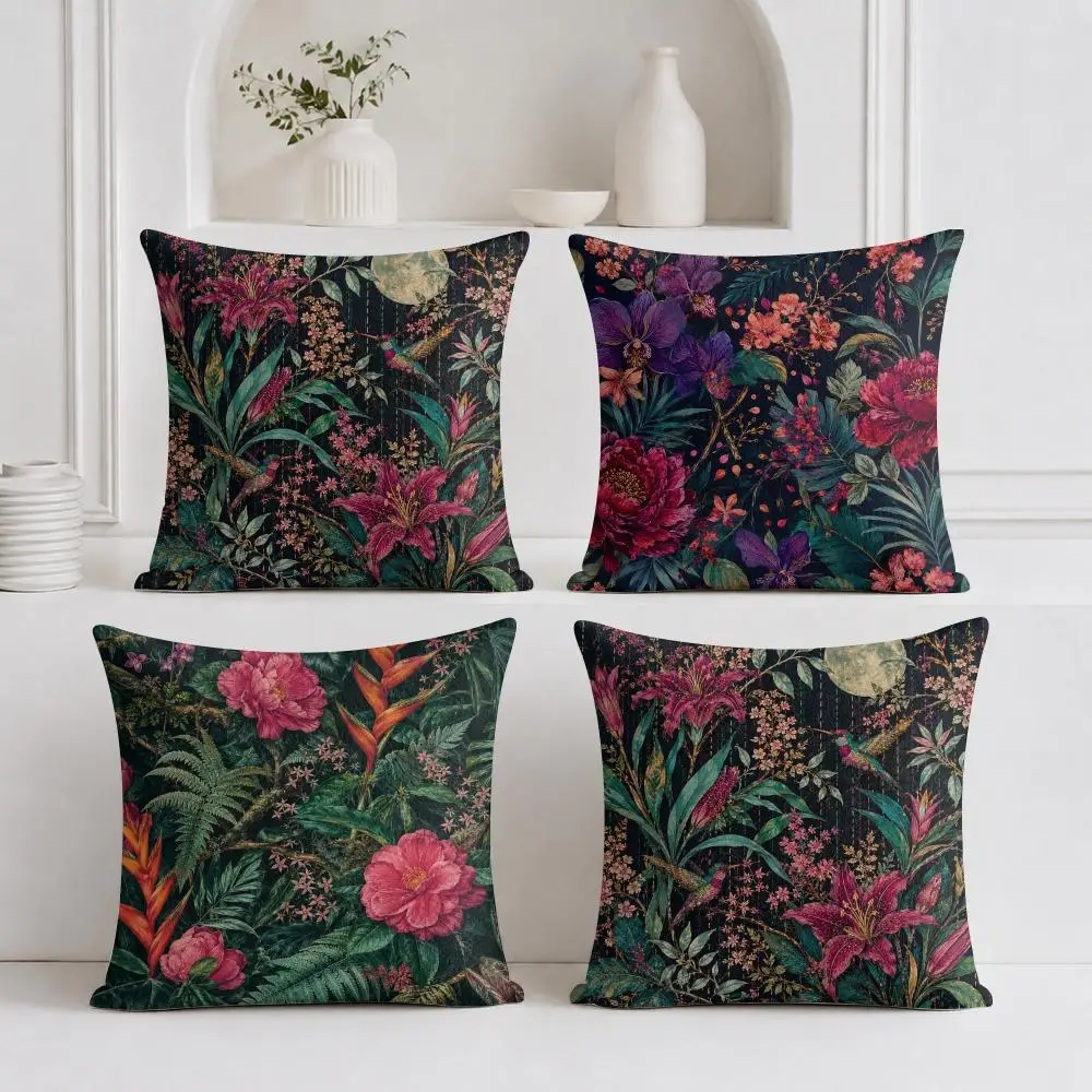 Moon & Hummingbird Floral Art Cushion Cover Plush Fabric Soft Double-Sided Printed Sofa Warm Winter Home Gift Pillow Cover