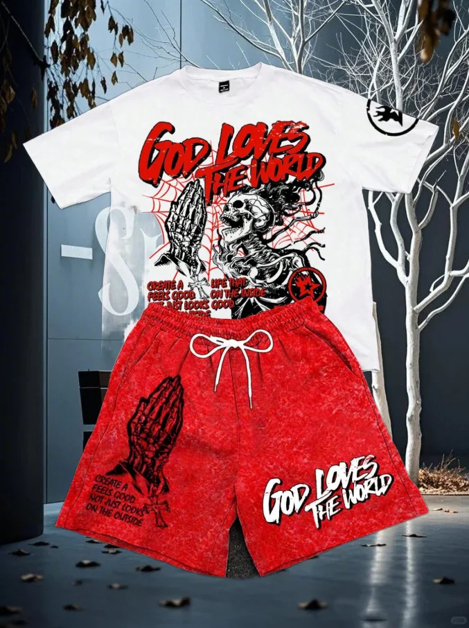 

25/26 Новый летний комплект, мужская футболка, модный американский уличный мужской комплект с круглым вырезом и принтом, модный красивый спортивный комплект из двух предметов