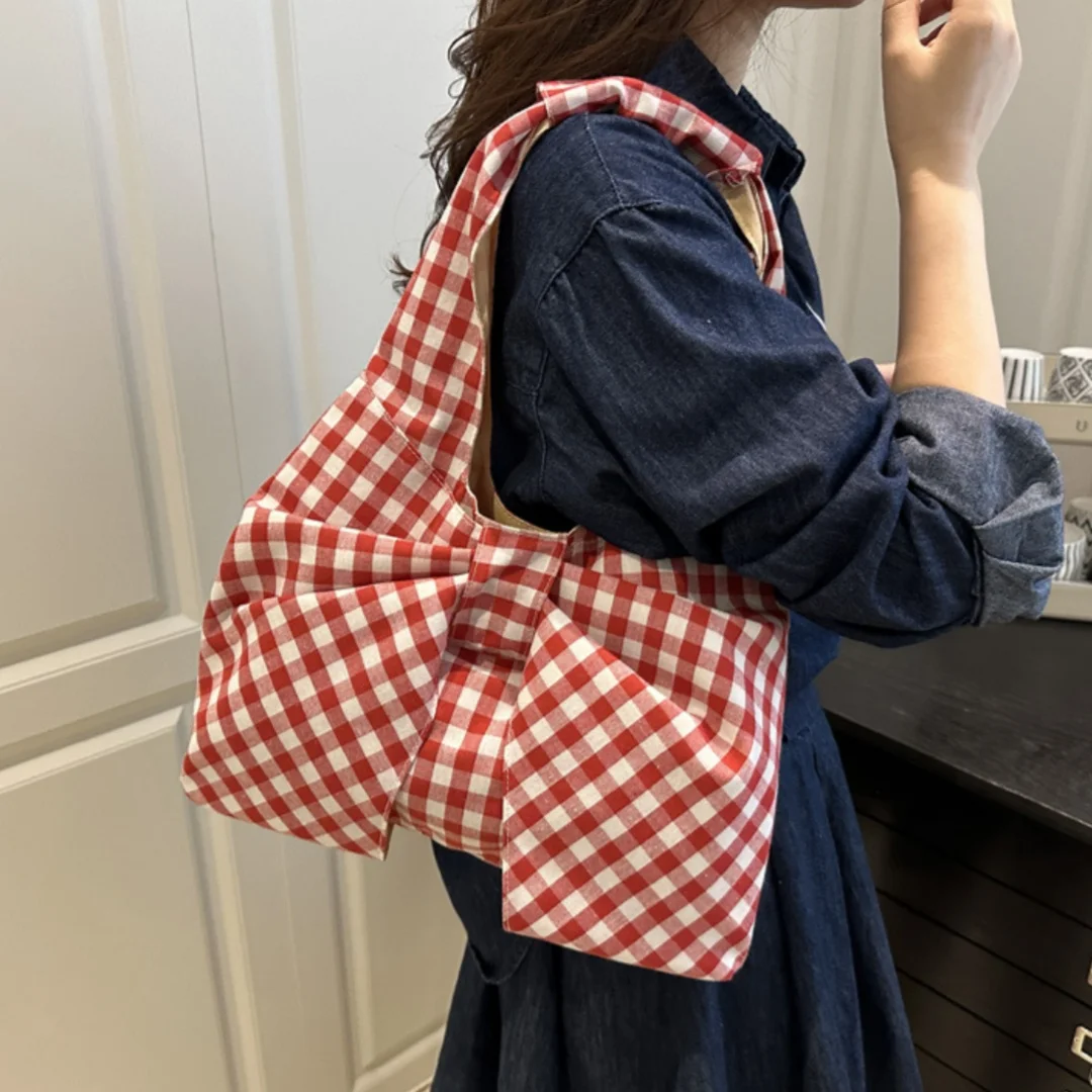 Fashion Plaid Shoulder Bag with Large Bow Knot for Women Girls Daily Shopping School Large Capacity Canvas Tote Handbag