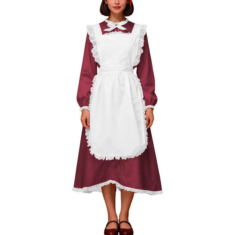 Crossdresser Halloween Vintage Satin Maid Uniform Long Sleeve Party Fancy Dress with Lace Apron Sissy French Maid Cosplay Outfit view 4