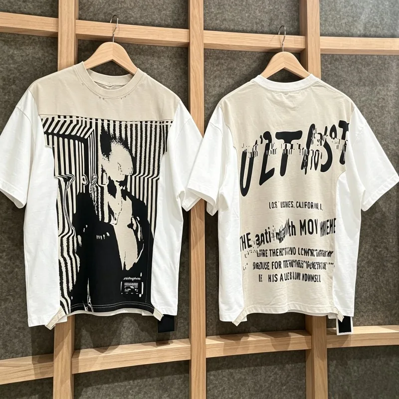 Oversize RRR123 Tshirts Crop Irregular Splicing Stripe Graffiti Faded Letter Round Neck Short Sleeve Men Women Cotton Streetwear