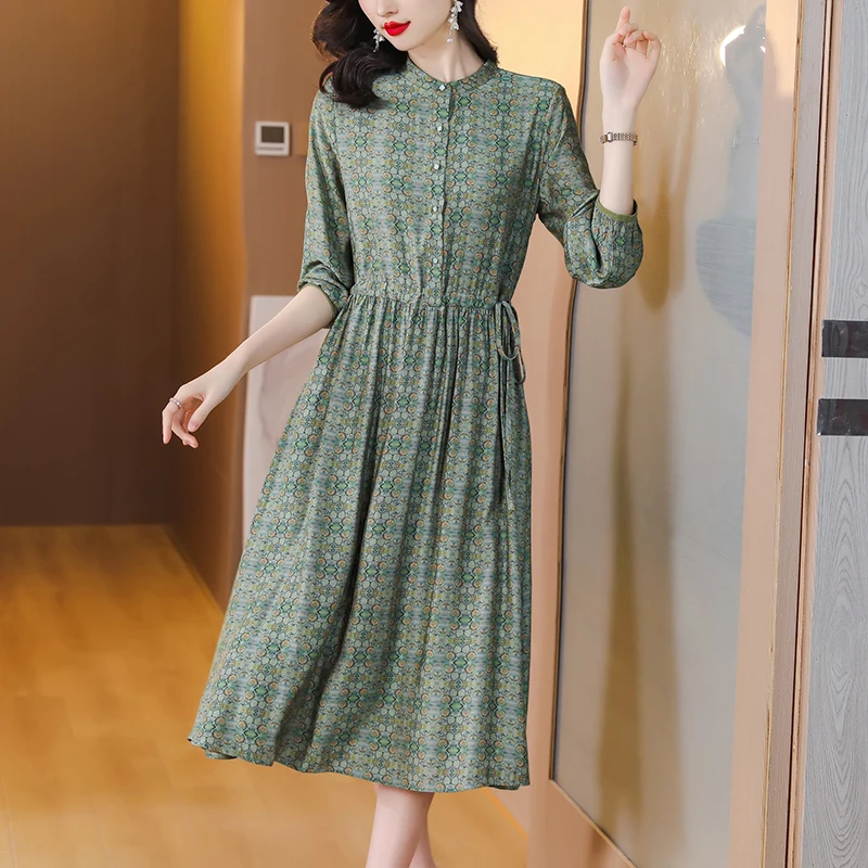 

New Fashion Silk Printed Dress Women's Autumn Vintage Long Sleeve Fragmented Round Neck Loose Fit Casual Party Dress Vestid