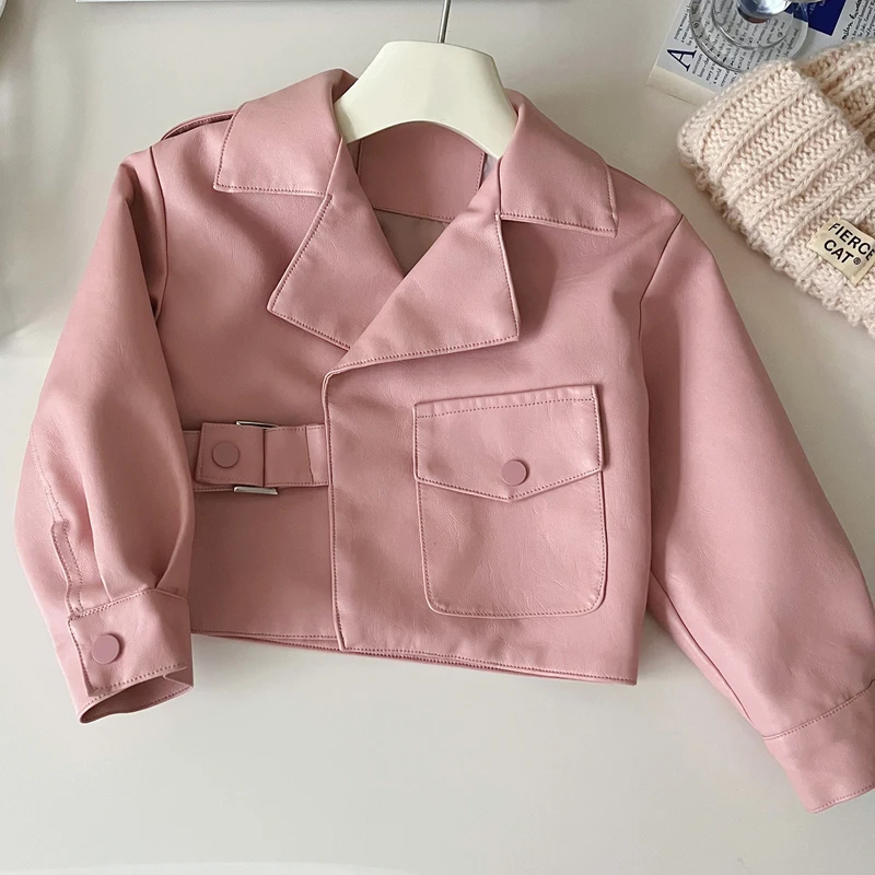 Motorcycle Girls Leather Jacket 2024 Spring Autumn New Solid Color Short Style Lapel Coat For 2-8Y Kids Fashion Pu Outerwear