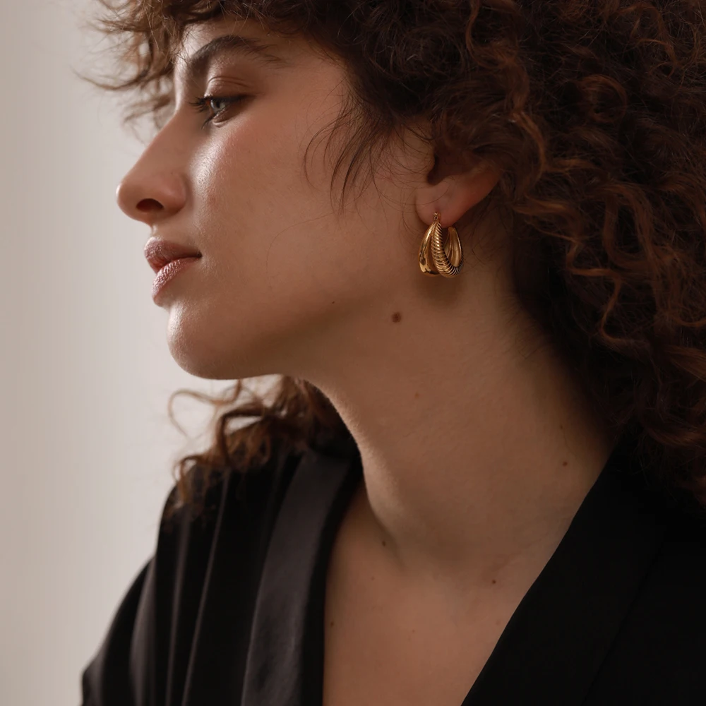 Yhpup 316 Stainless Steel Chunky Waterproof  Hoop Earrings Fashion Golden Charm Temperament Geometric Thick серьги Jewelry Women