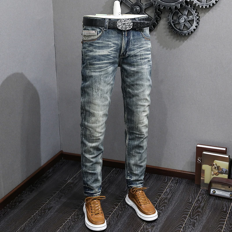 Italian Style Fashion Men Jeans High Quality Stretch Slim Fit Ripped Jeans Men Retro Washed Blue Vintage Designer Denim Pants