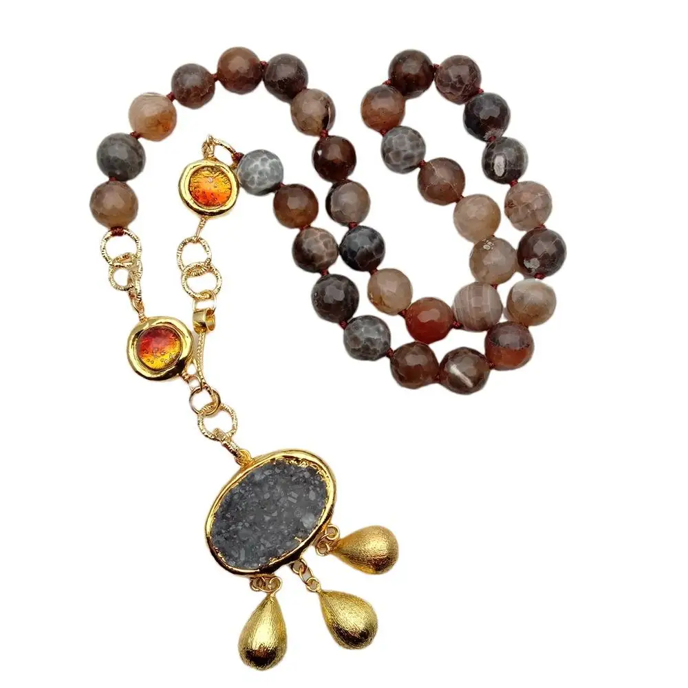 Y.YING Faceted Brown Agate Murano Glass Necklace Quartz Druzy Oval Shape Pendant 22