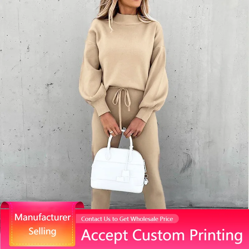 

2022 Autumn Sportswear Women's Fleece Sweatshirt Sets Lantern Sleeve Pullover Drawstring Pants Clothing Women Tracksuits Set