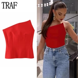 TRAF Asymmetric Corset Top Female Red Backless Crop Top Women Off Shoulder Bustier Tops Women 2023 Sleeveless Sexy Top Women