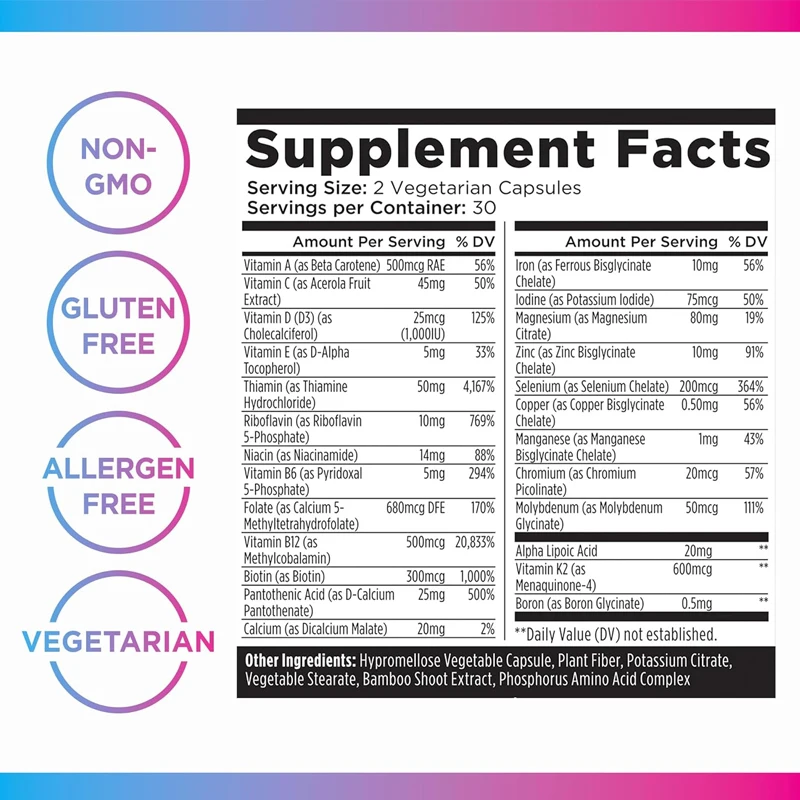 كبسولات مكملات معدنية متعددة الفيتامينات للرجال والنساء تحتوي على الحديد ومركب B والسيلينيوم والزنك غير المعدل وراثيًا وخالي من الجلوتين