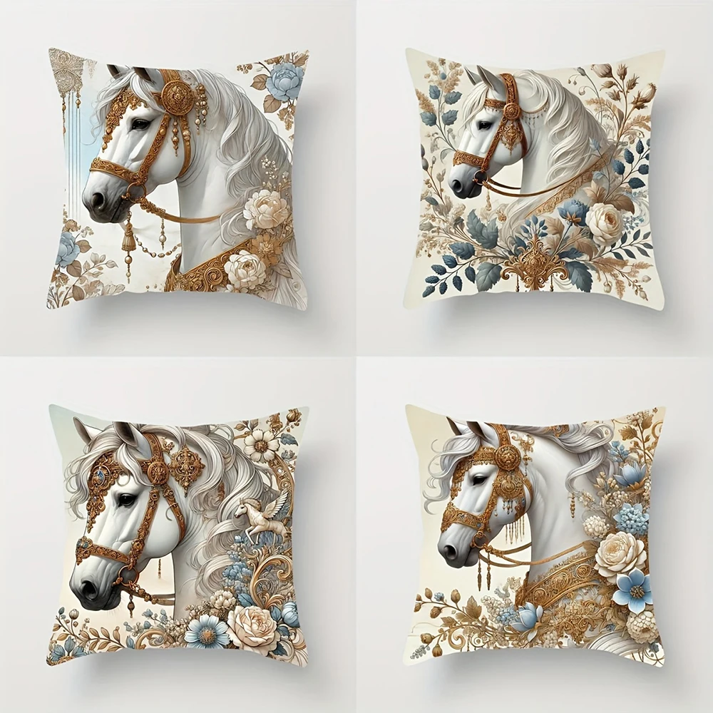 Un caballo blanco adornado con flores, adecuado para sofá, coche, dormitorio, funda de cojín decorativa, funda de almohada