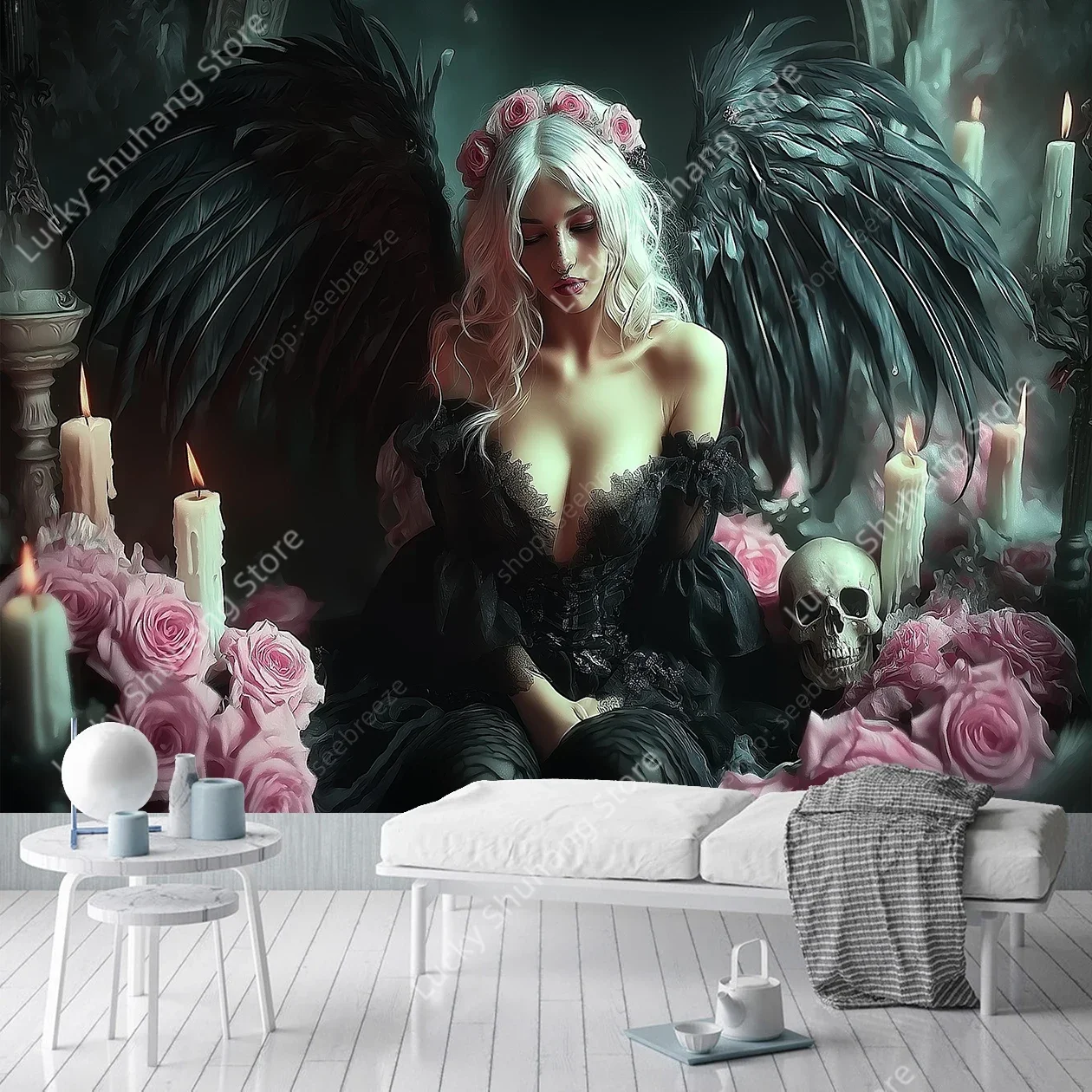 Fallen Angel Surrounded By Skulls Tapestry Dark Gothic Wall Art for Bedroom Living Room Decor Bohemian Style Skeleton Design