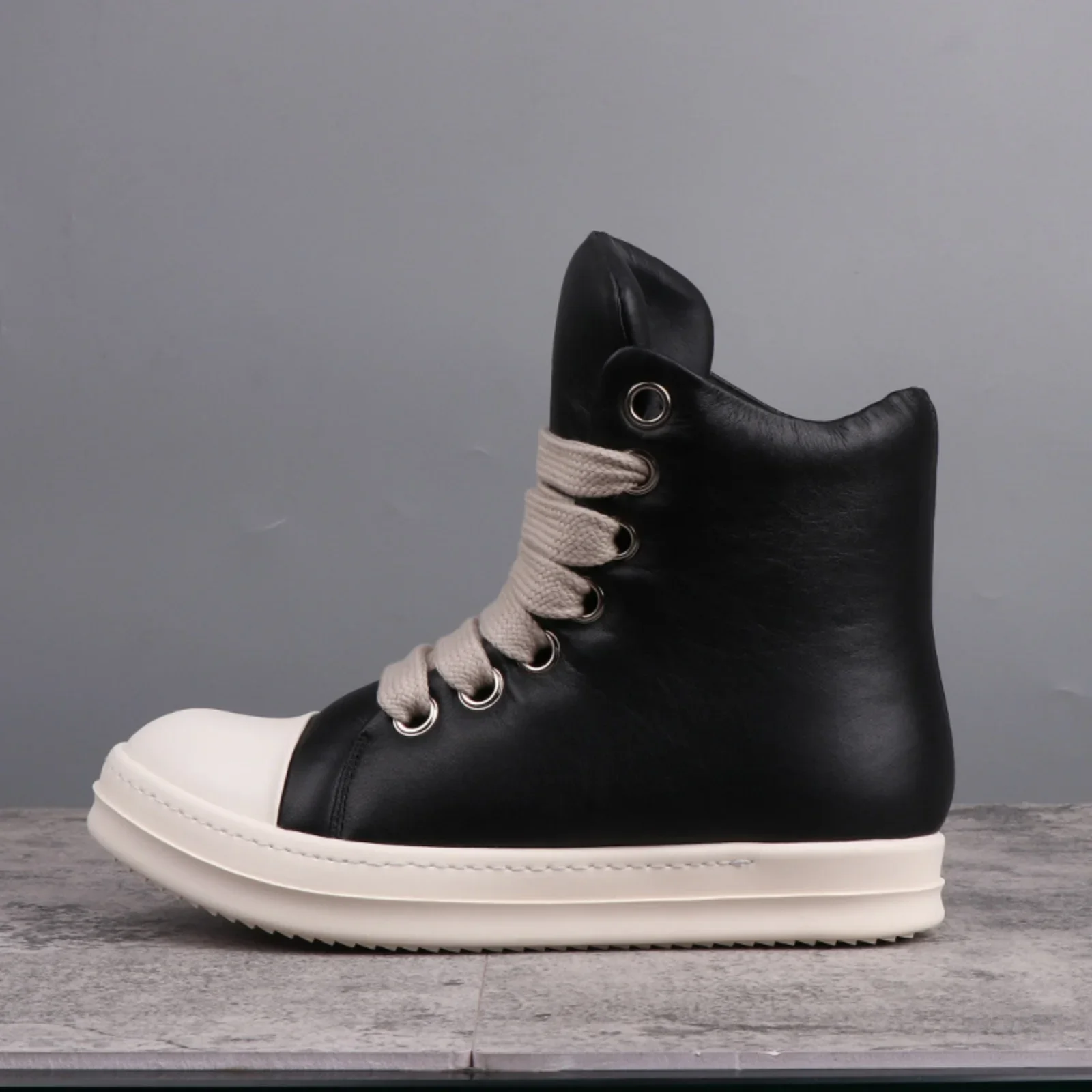 

Brand Men Shoe Casual High Top Quality Women Sneaker Black Ankle Boot Geobasket Leather RO Fashion Thick-sole Flat Zip Shoe