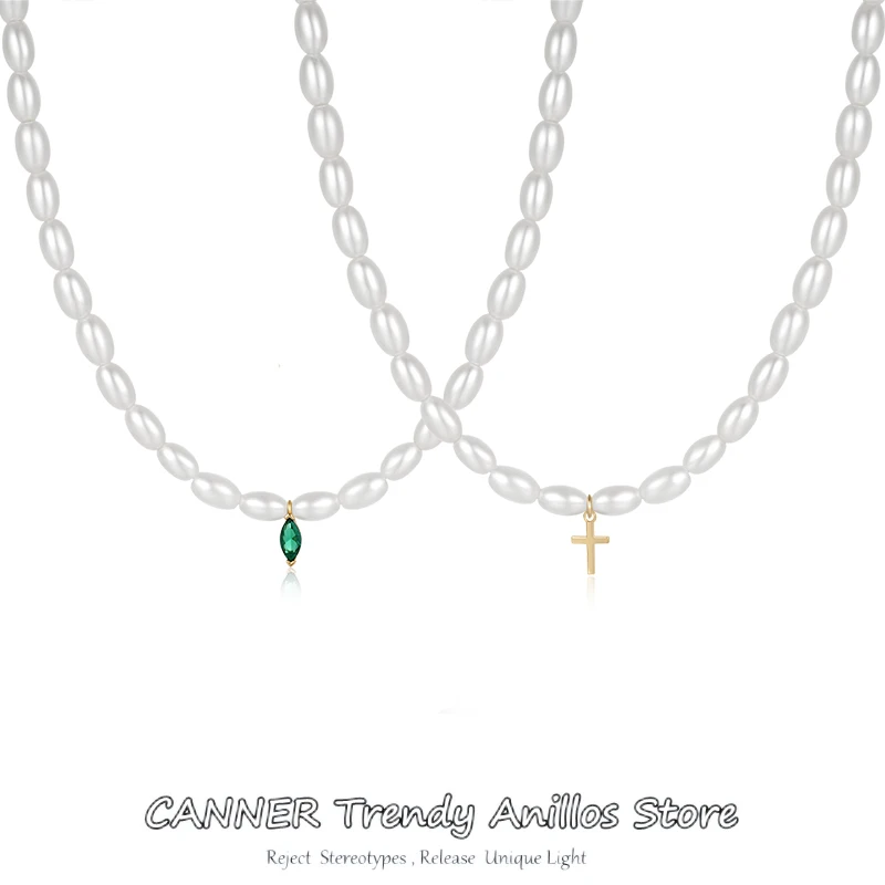 CANNER 925 Sterling Silve French Millet Pearls Necklace Women Handmade Green Stone Cross Pendant Necklace For Women Jewelry Gift