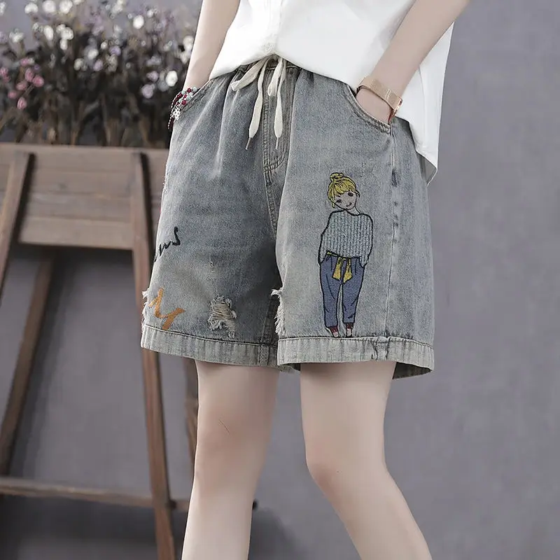 

Summer New Kawaii Girls Embroidered Short Jeans Y 2k Cute Graphic Vintage Wide Jort Hip Hop Oversize Baggy Denim Shorts Woman