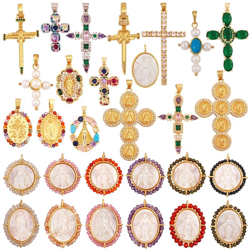 Holy Religious Jesus Cross Virgin Mary Charms Pendant,18K Gold Plated Colourful Zircon Shell Jewelry Necklace Accessories K63