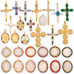 Holy Religious Jesus Cross Virgin Mary Charms Pendant,18K Gold Plated Colourful Zircon Shell Jewelry Necklace Accessories K63