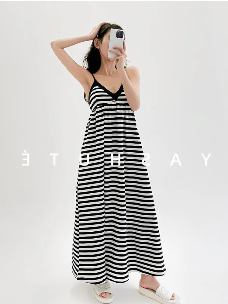 150kg Plus Size Striped Loose Maxi Dress 3XL Summer V-neck Sleeveless Nightgown Suspender Can Wear Outside Nightdress Homewear