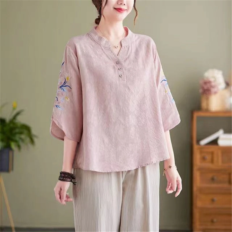 Women Embroidery Vintage Ethnic Style Cotton Linen Blouses 2023 Summer Loose V Neck 3/4 Sleeve Shirt Simple Casual Pullover Tops