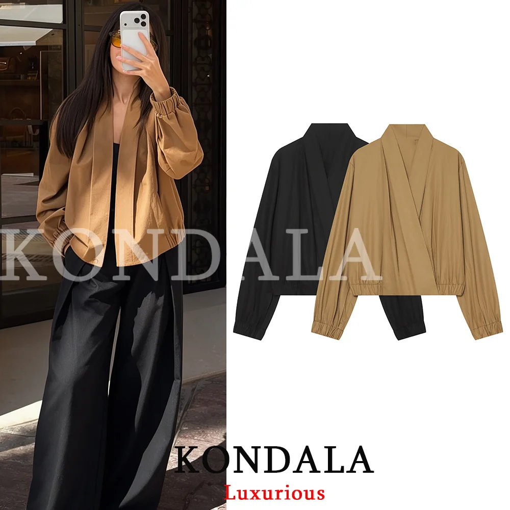 KONDALA Streetwear Vintage Casual Women Bomber Jacket V-Neck Long Sleeve Open Stitch Jacket Fashion 2026 Autumn Winter  Jacket