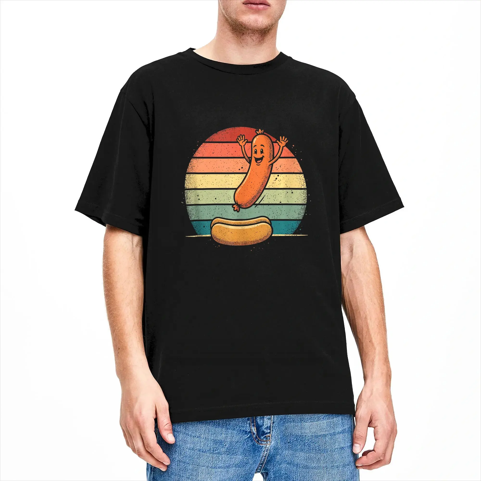 Man T-Shirt Hot Dog Jumping Into Bun Tshirt Funny Sausage BBQ High Dive T-Shirts Harajuku Summer Tee Shirt Street Cotton Clothes