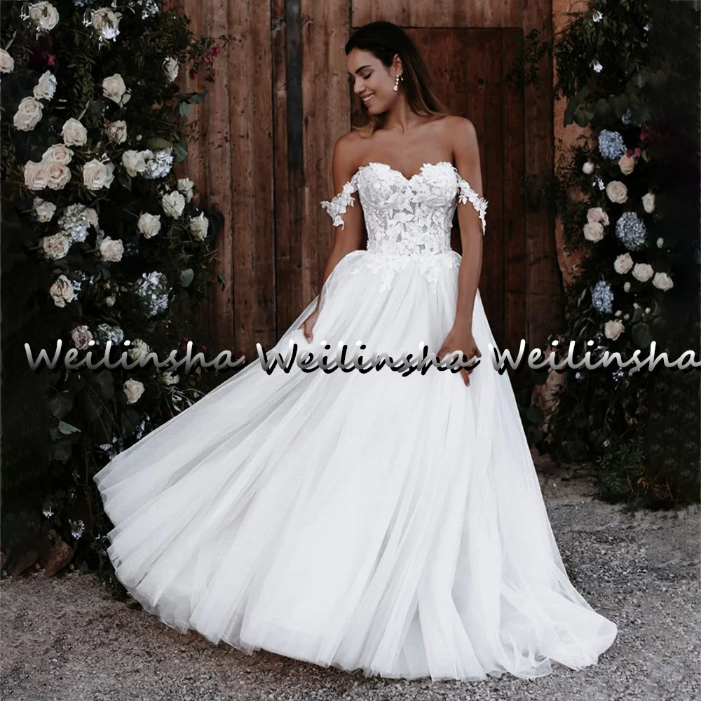 Weilinsha-Robes de mariée Boho, appliques en dentelle, col en cœur, ligne A, tulle, long, quel que soit le balayage, train, mariée, 2022