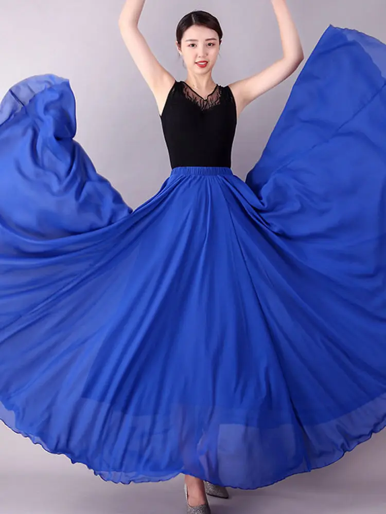 720 Degree Flared Skirt Dream Bottom Double Layer Classic Dance Skirt Chiffon Half Body Skirt Xinjiang Dance Blue Square Danc...