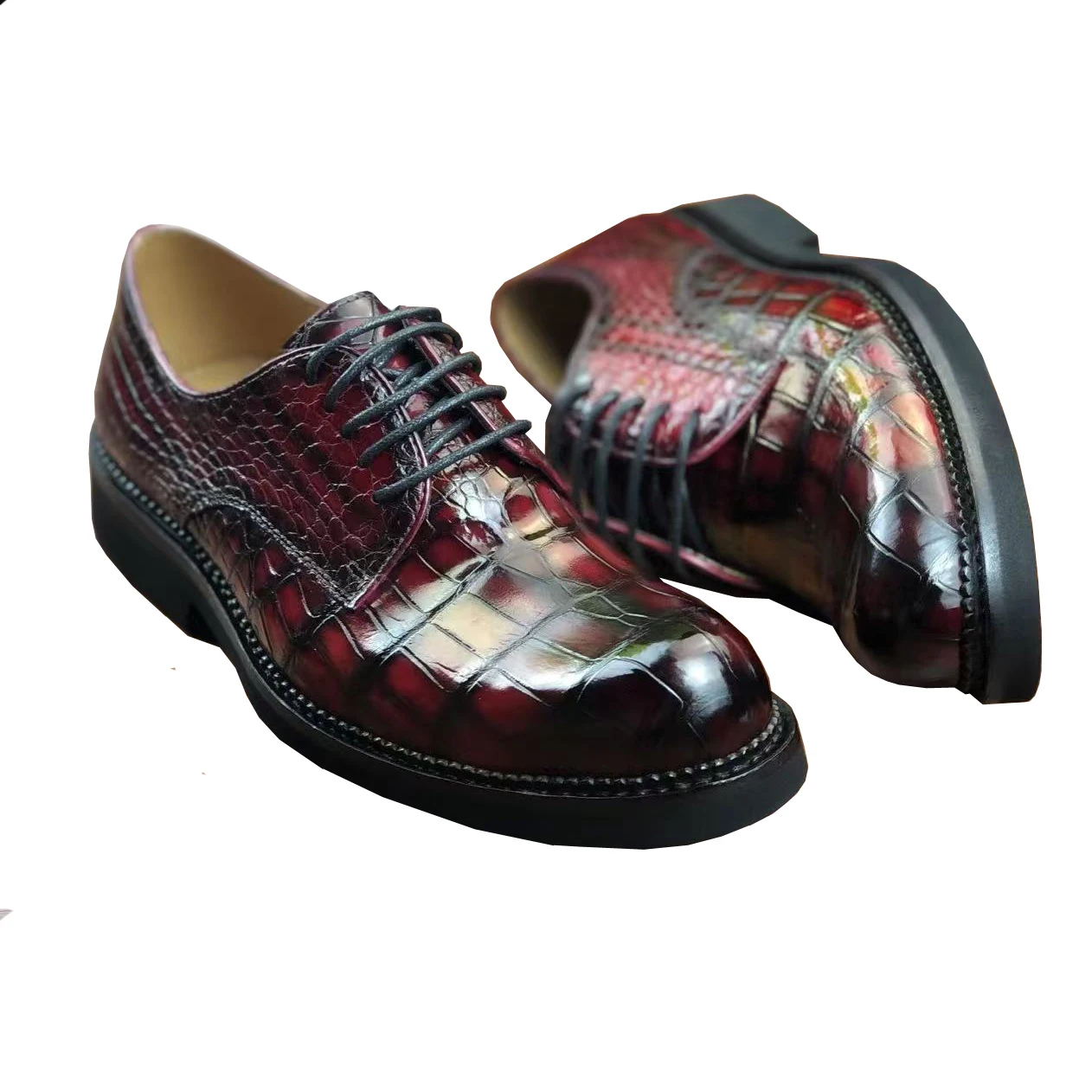 

Новые мужские туфли Yinshang из кожи крокодила, повседневные туфли, туфли для свадьбы, офиса, деловые туфли, винно-красные.