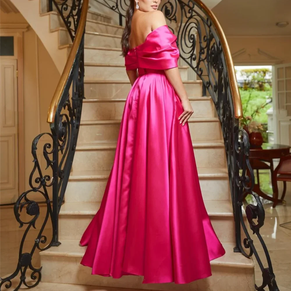 Hot Pink فساتين حفلة موسيقية Long Off the Shoulder Satin Short Sleeves with Slit A Line Floor Length Prom Dresses