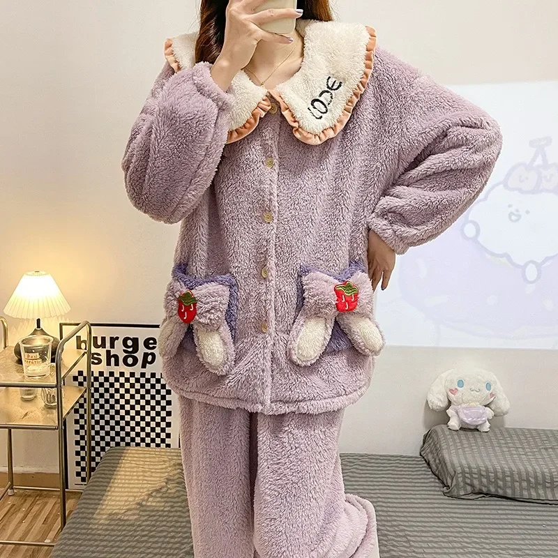 5XL Plus Size Cute Coral Velvet Pajamas Women\'s Autumn Winter Thickened Cardigan Pjs Long Sleeved Flannel Two-Piece Home Clothes