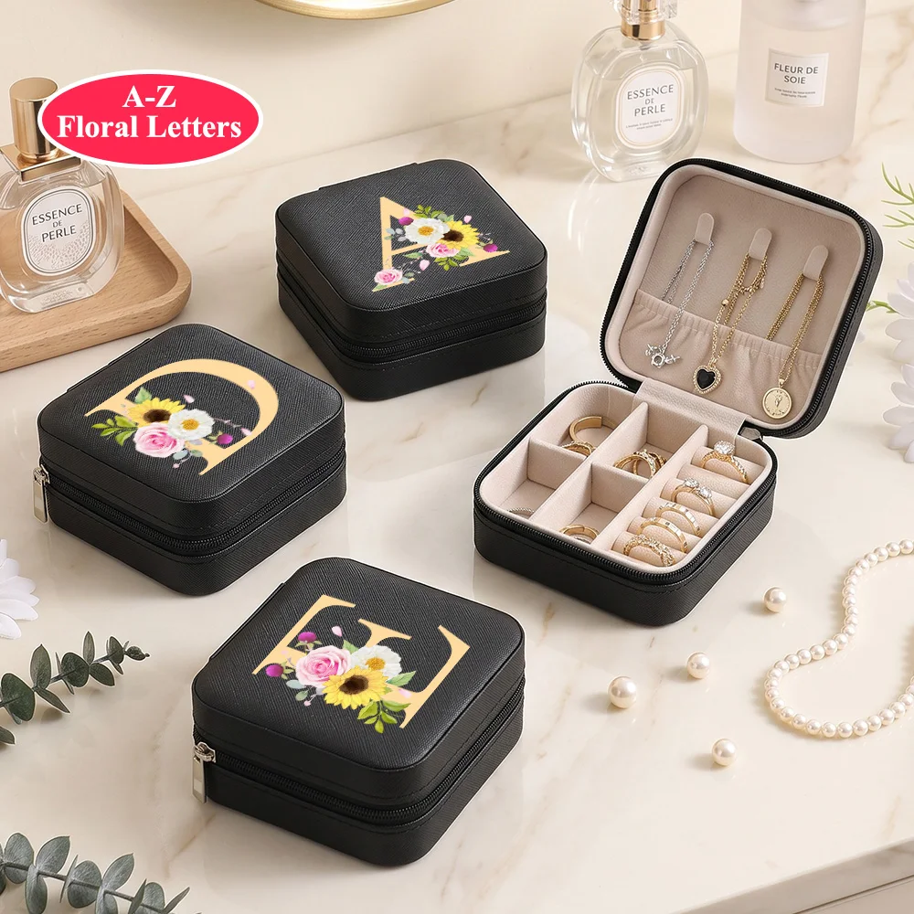 Floral Letter Jewelry Box, Portable Travel Jewelry Organizing Case for Rings, Pendants, Earrings, Necklaces, Bracelets, Etc.