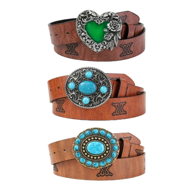 

Wear Resistant Adult Waist Belt with Gemstones Buckle Female Decorative PU Belts