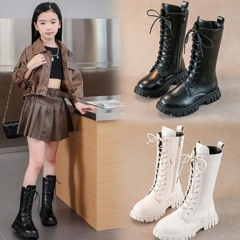 Galoches combat blanches à lacets pour filles avec fermeture éclair latérale, robe à pattes montantes/galoches scolaires –