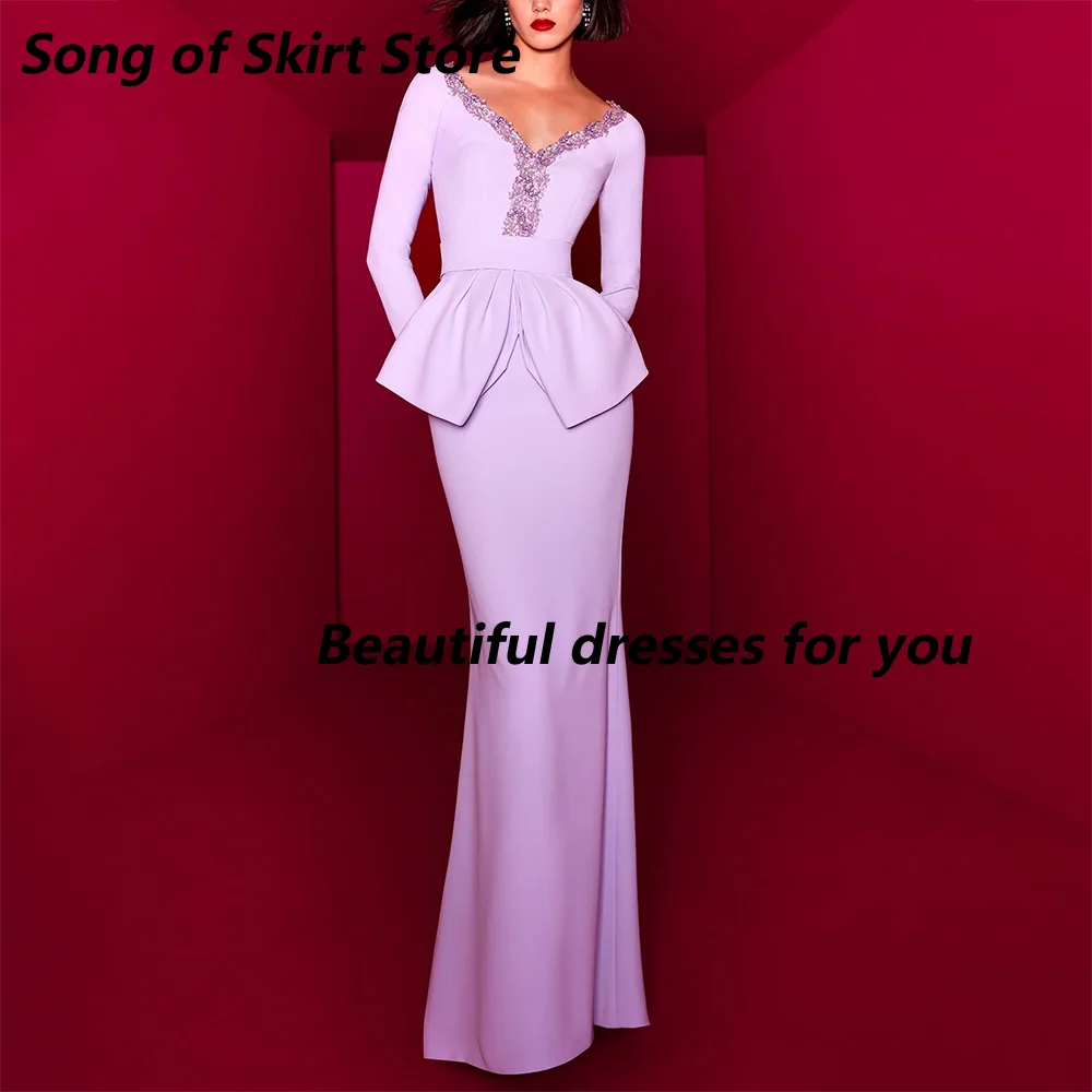 Lilac Mother of The Bride Dress Customized V-Neck Long Sleeves Bead Crystal Heath/Column Floor Length Wedding Guest Gowns