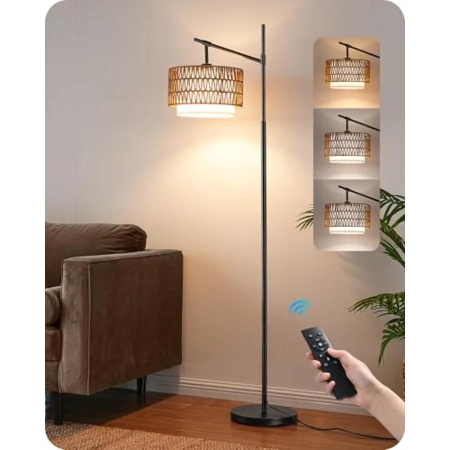 

Rattan Floor Lamp with Dimmable Bulb 5 Color Temperatures Adjustable Farmhouse Standing Lamp with Remote Black Floor Lamps for