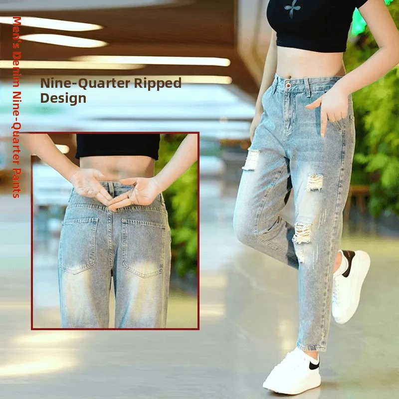 

Retro Hole Denim Jeans Summer Thin Loose Straight Nine American Casual Versatile 9 Men's Straight Tube Jeans Casual Jeans